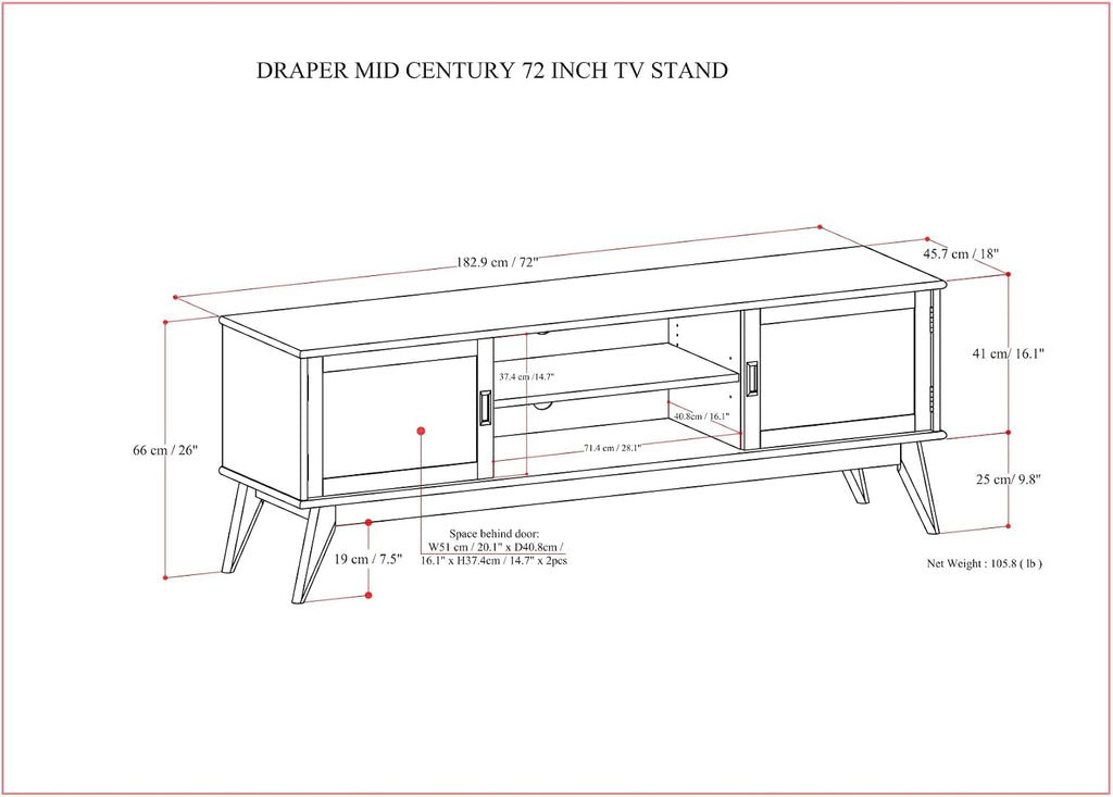 SIMPLIHOME Draper TV Stand - 72 inch Wide Solid Wood Media Console in Teak Brown, Mid Century Modern Entertainment Center for Living Room for TVs up to 80 Inches with Cabinets and Cable Management