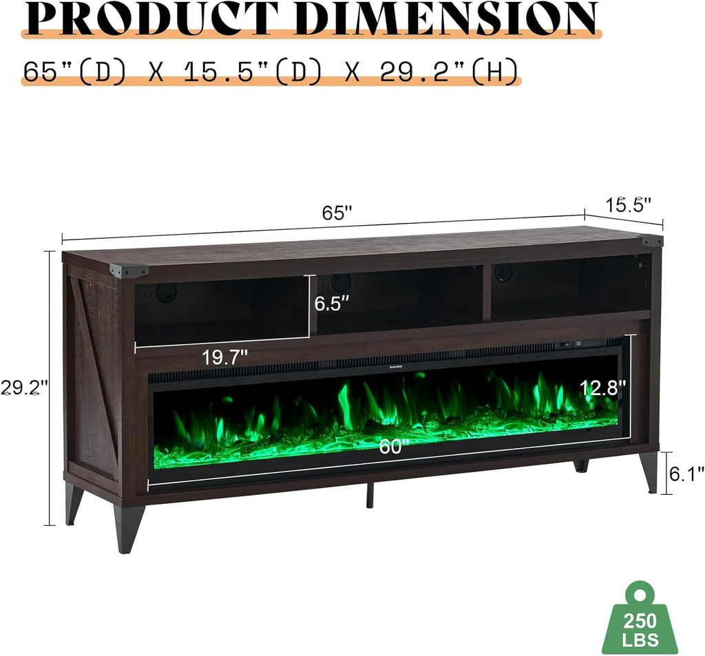 AMERLIFE 65' Fireplace TV Stand with 60' Glass Electric Fireplace, Industrial & Farmhouse Media Entertainment Center with Open Shelve Storage for TVs Up to 75', TV Console for Living Room, Espresso