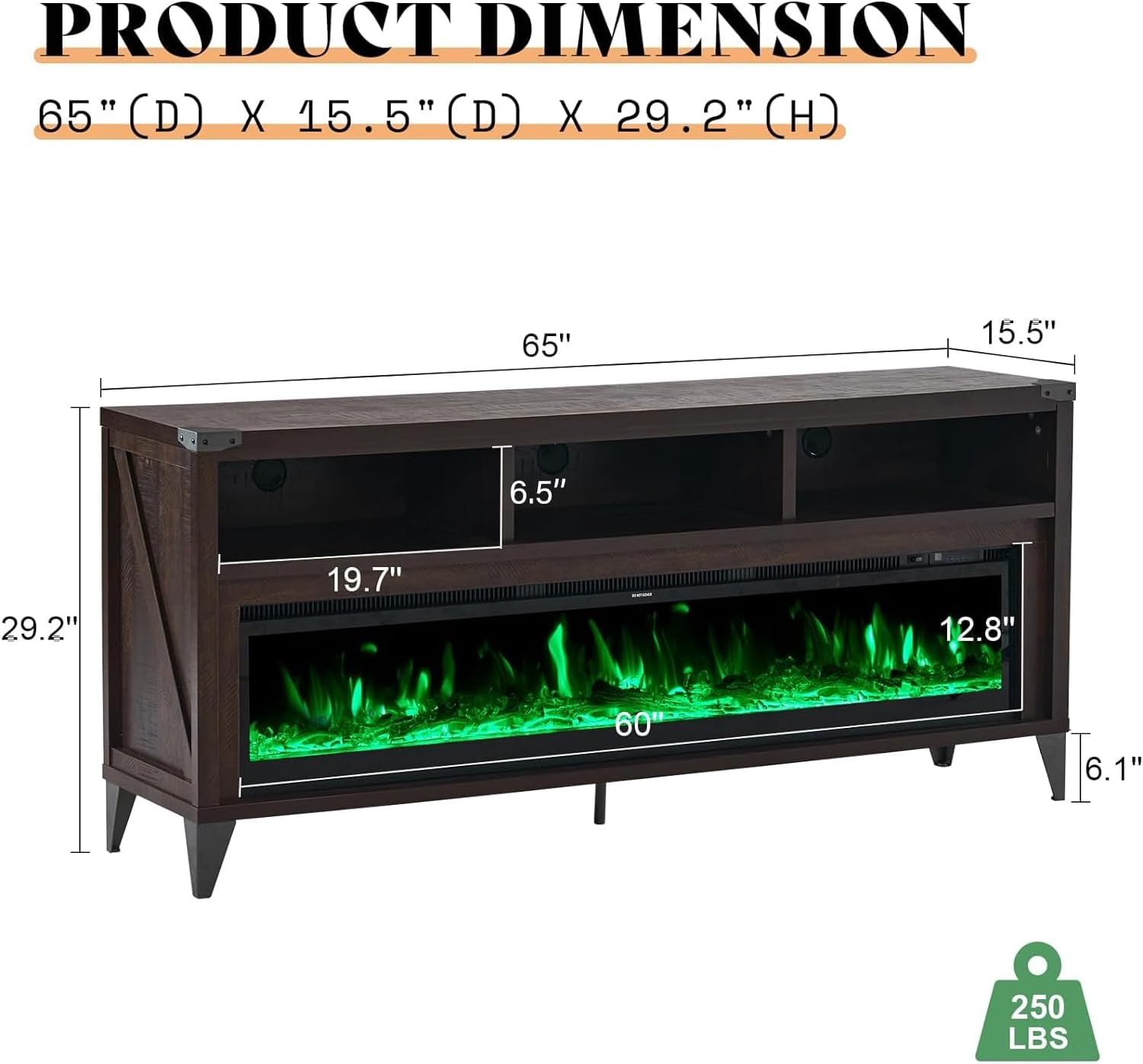 AMERLIFE 65' Fireplace TV Stand with 60' Glass Electric Fireplace, Industrial & Farmhouse Media Entertainment Center with Open Shelve Storage for TVs Up to 75', TV Console for Living Room, Espresso