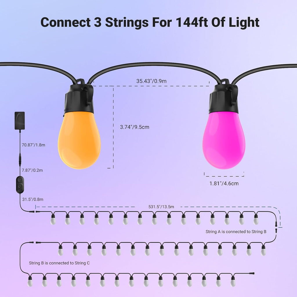 NEEWER 144ft Outdoor String Lights, App Control Smart AI RGBW Dimmable Patio Balcony Backyard Outside Hanging Lighting, IP65 Waterproof, 45 LED Bulbs, 50+ Scenes, Compatible with Alexa Google, NR01