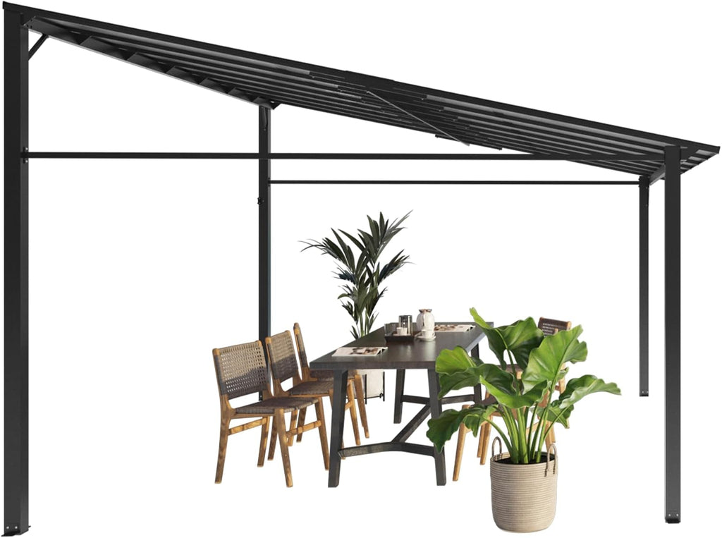 12' x 14' Hard Top Gazebo with Metal Frame, Sloped Roof Wall Mounted Pergola for Patio Deck Backyard, Outdoor Pergolas and Gazebos