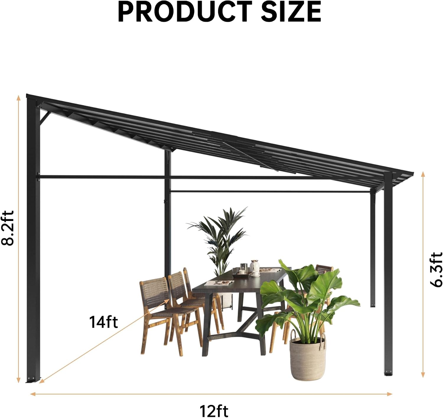 12' x 14' Hard Top Gazebo with Metal Frame, Sloped Roof Wall Mounted Pergola for Patio Deck Backyard, Outdoor Pergolas and Gazebos