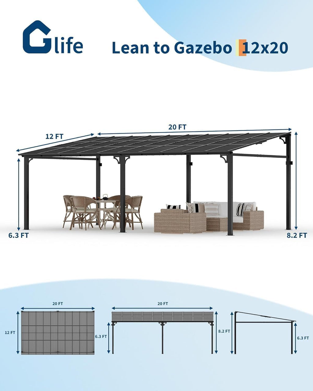 12x20 FT Gazebo for Patio, Wall Mounted Lean to Hardtop Gazebo Pergola with 6Mm Sloped Roof Heavy Duty Awnings for Porch, Decks, Backyard to Shade & Rain