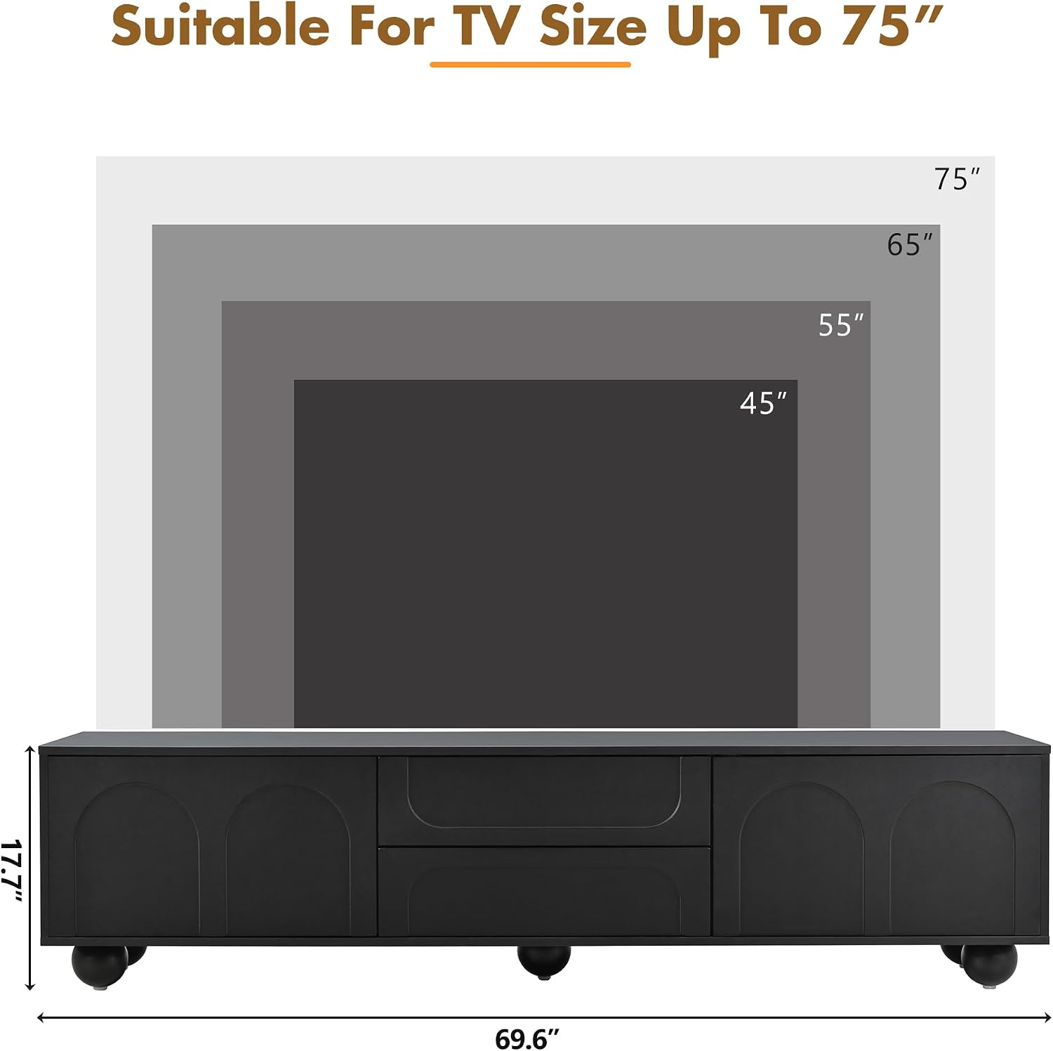 Cream Style TV Stand with Arched Doors & 2 Drawers for TVs up to 75', Minimalist Media Console with Rebound Device, Entertainment Center with 5 Iron Round Legs for Living Room, Bedroom, Black
