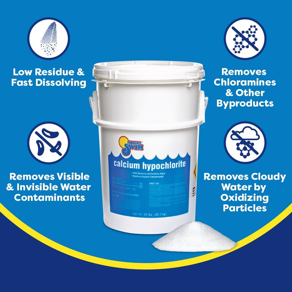 In The Swim Chlorine and Shock Bundle for Sanitizing Swimming Pools – Includes 50 Pound Bucket of 3 Inch Stabilized Chlorine Tablets and 25 Pound Bucket of 68% Cal-Hypo Pool Shock