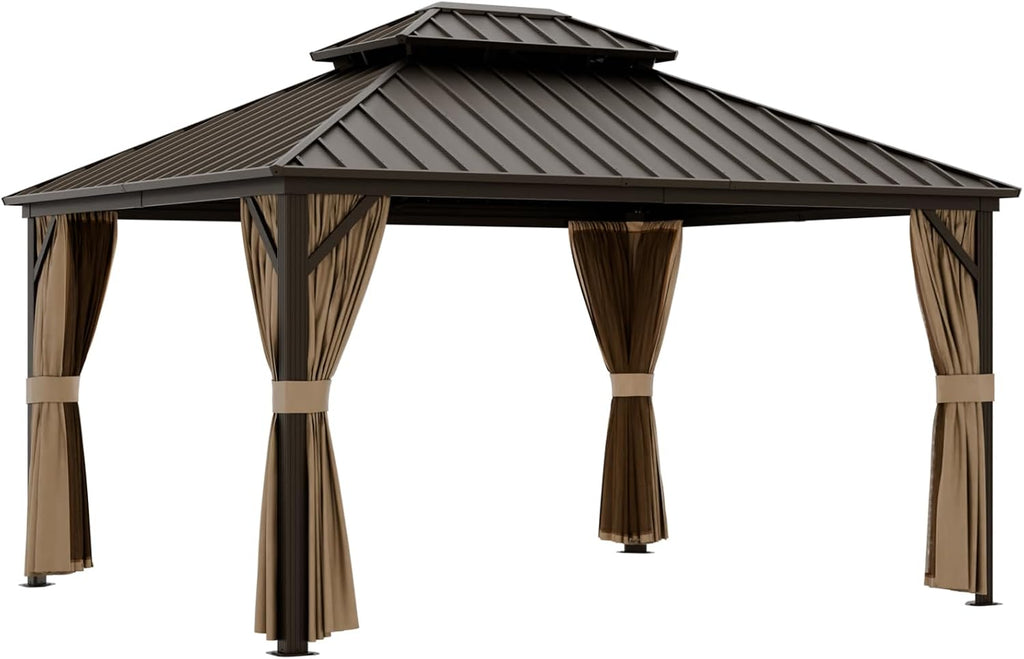 EAGLE PEAK 12x14 Hardtop Gazebo, Galvanized Steel Double Roof with Aluminum Frame, Outdoor Pavilion with Netting and Curtains for Patio, Deck, Lawn and Garden, Dark Brown/Tan