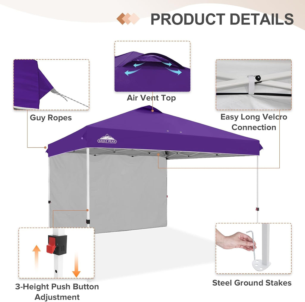 EAGLE PEAK Commercial Canopy 12x12 Pop Up Canopy Tent with 1 Sidewall, Easy Setup Heavy Duty Instant Event Shelter for Vendors & Markets, Outdoor Sun Shade, Purple