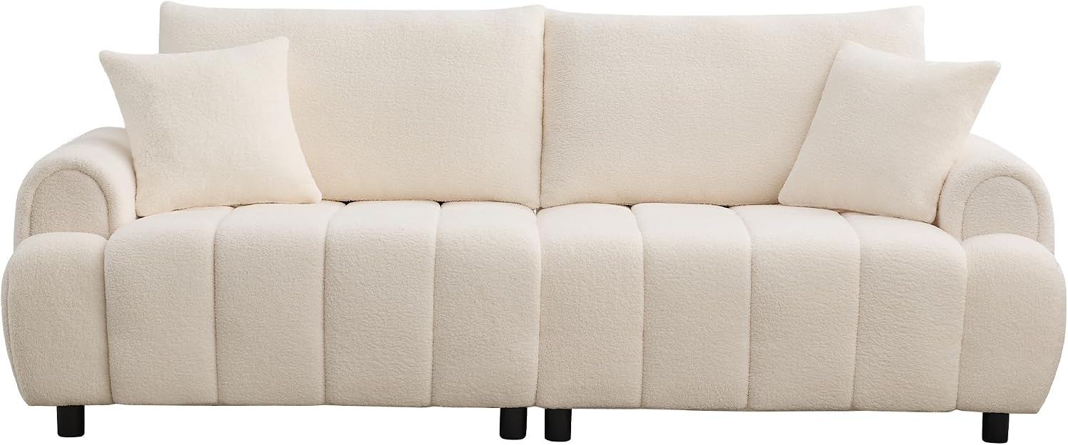 88 'Modern Boucle Sofa Couch, Oversized Comfy 3 Seater Sherpa Curved Sofas Deep Seat, Upholstered Loveseat Teddy Round Arm Couches for Living Room, Bedroom, Beige