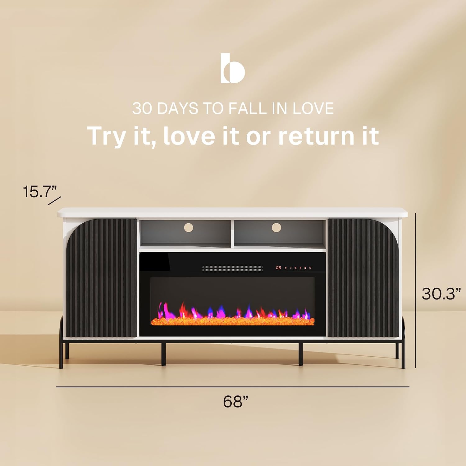BELLEZE 68' Fluted TV Stand with 36' Electric Fireplace, Modern Entertainment Center with Storage for TVs Up to 75', Media Console with Curved Panel & Door,TV Cabinet for Living Room Bedroom (White)