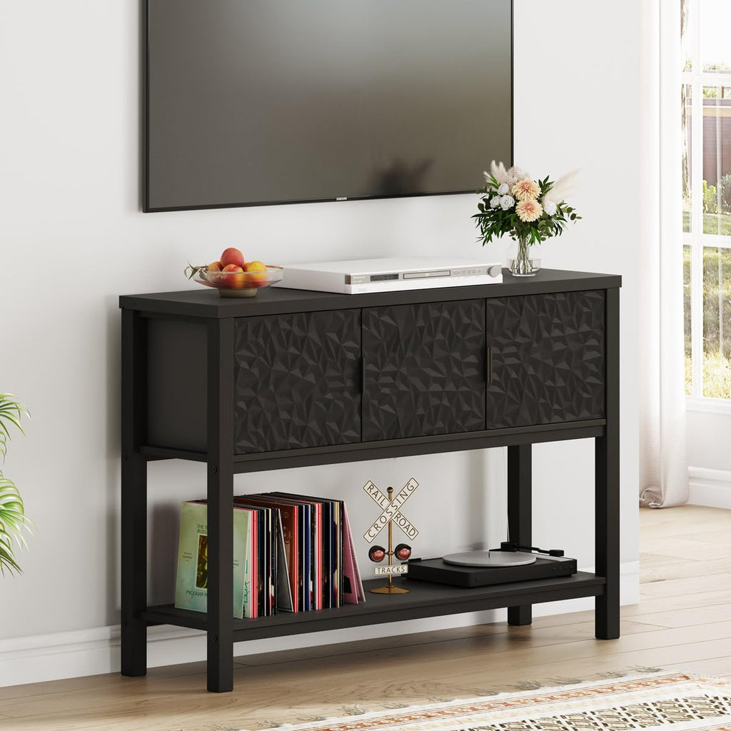 FATORRI Black Console Table with Storage, 47' Modern Farmhouse Entryway Table with 3 Geometric Doors, Sofa Table for Hallway, Living Room, Foyer