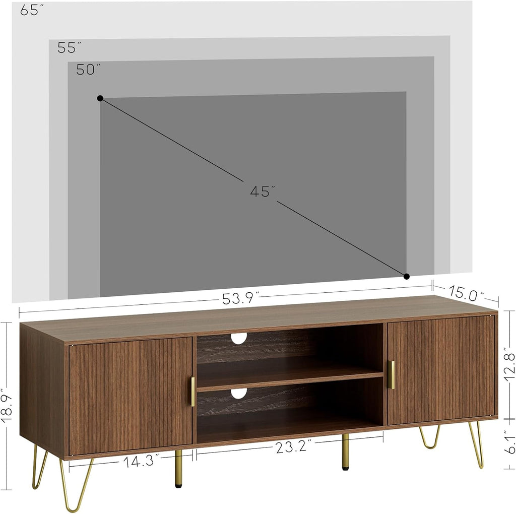TV Stand for 55-65 Inch TV, Entertainment Center with Soft Hinge Door,TV Console Table with 2 Cabinets with Gold Handle and Feet,for Living Room, Bedroom, Walnut