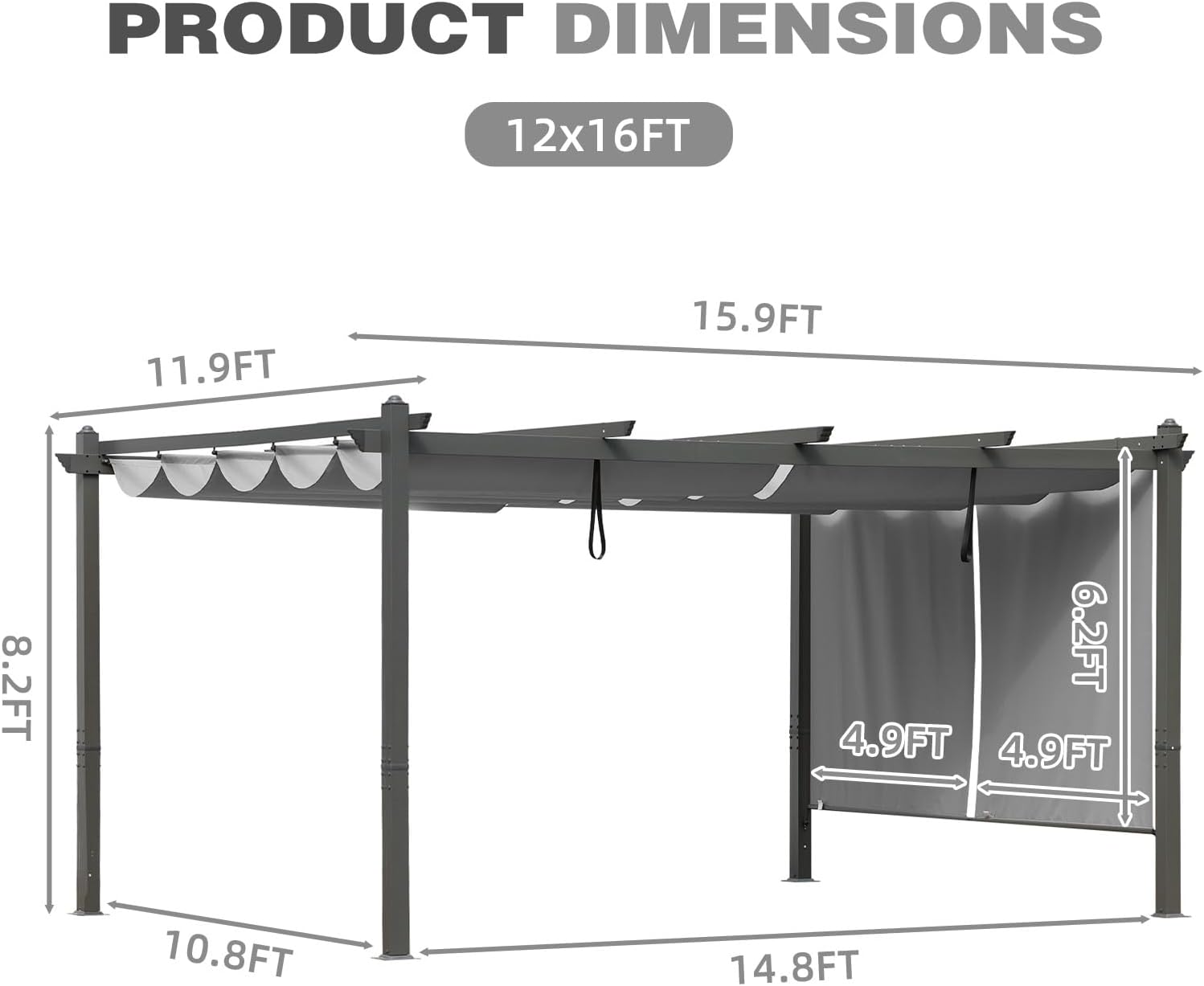 BPS 12x16 FT Outdoor Pergola - Retractable Shade Canopy with Aluminum Frame & Roller Shade Curtains for Patio, Backyard, or Deck, Gray