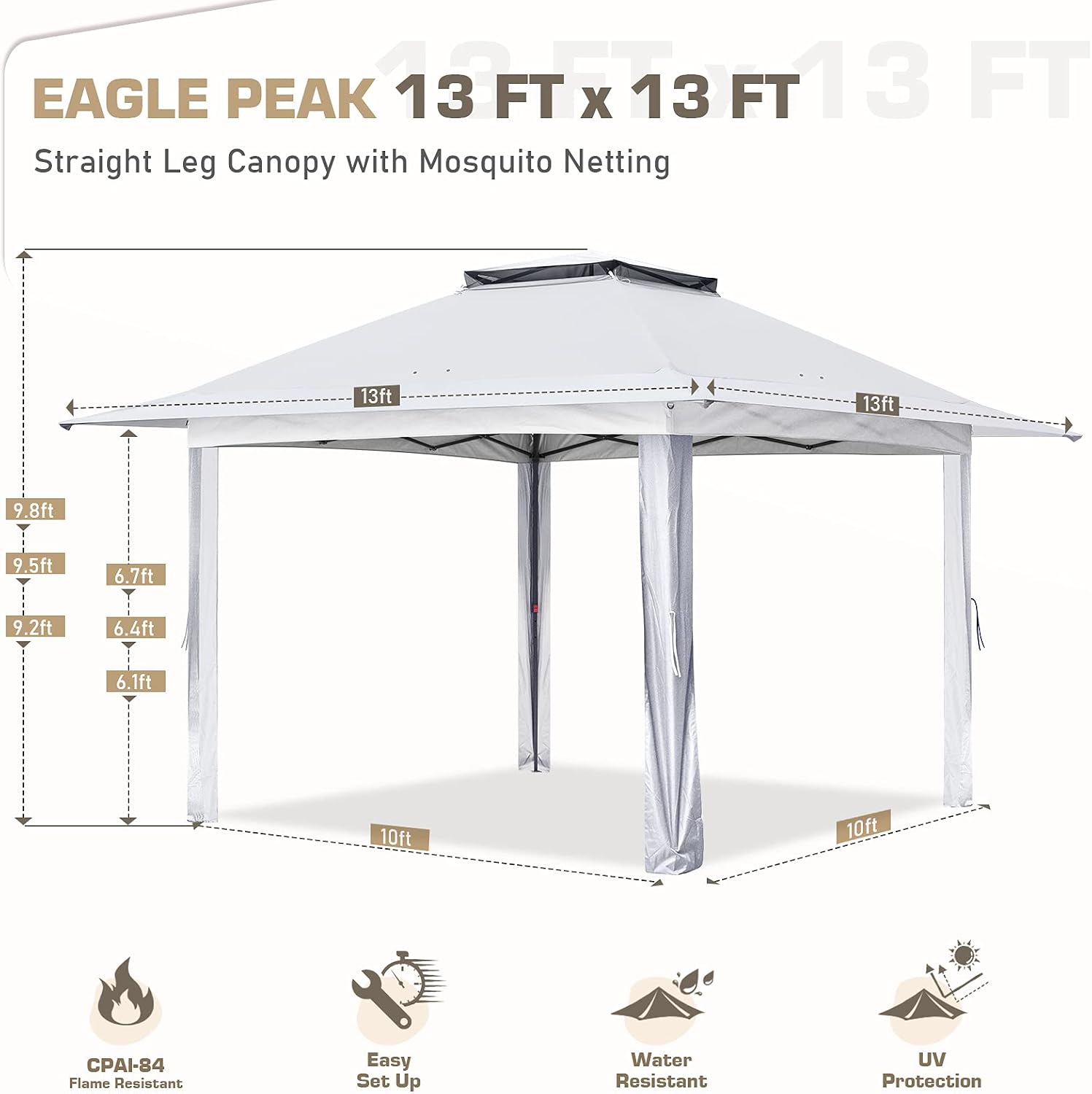 EAGLE PEAK 13x13 Pop Up Gazebo with Mesh Netting, Easy Up Screened Canopy for Patio and Backyard, Easy Set up Outdoor Gazebo (White)