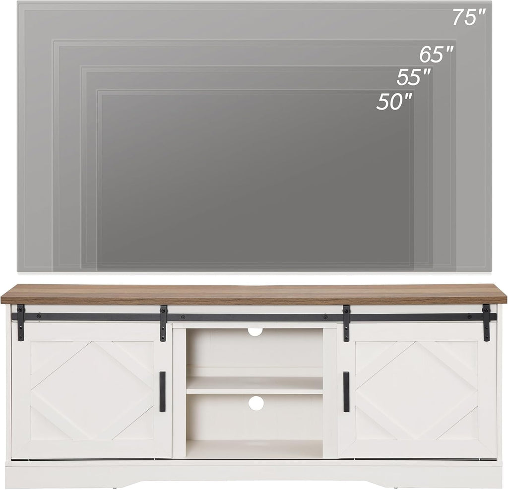 WAMPAT Modern Farmhouse 3 in 1 TV Stand for up to 95' TVs,Wood Media TV Console Table with Storage Cabinets and Sliding Barn Doors,Entertainment Center for Living Room Bedroom,Antique White