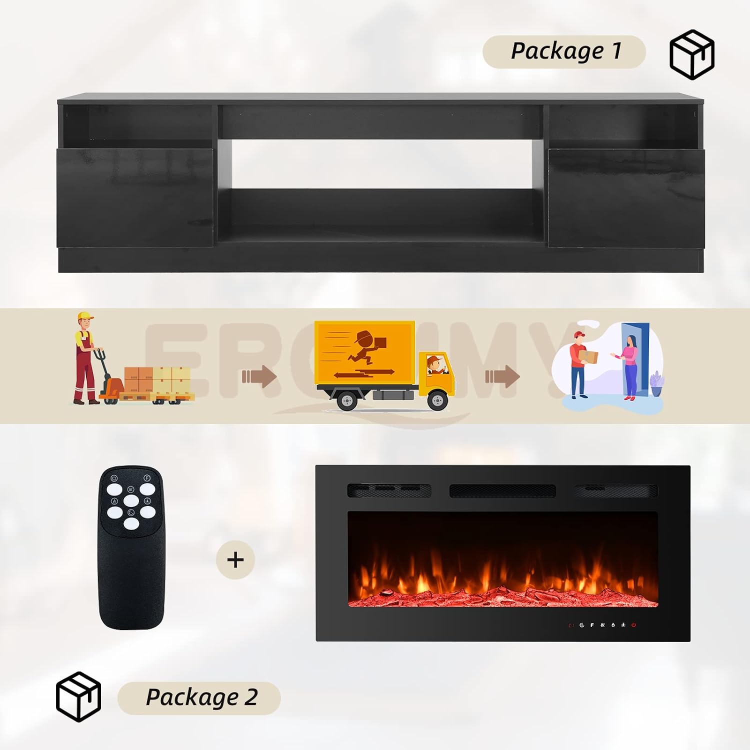 EROMMY 80'' Fireplace TV Stand with 40'' Electric Fireplace, Entertainment Center with 16 Color Led Lights and 12 Flame Fireplace Insert Heater, TV Console for TVs up to 90'' for Living Room, Black