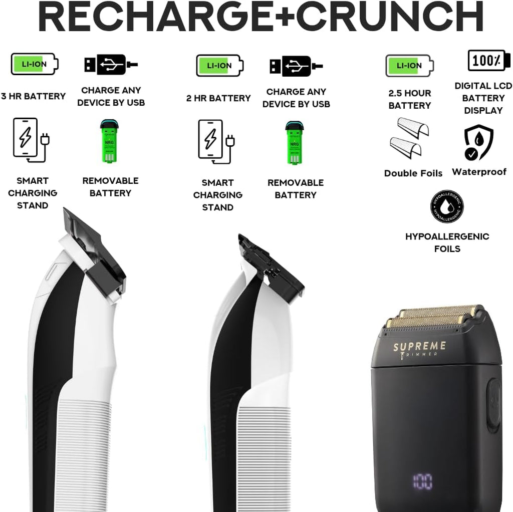 Supreme Trimmer 3-in-1 Recharge Hair Clipper, Beard Trimmer & Crunch Foil Shaver Combo | Removable Batteries, Smart USB Charging Base, Master Barber Set | STB775 + STF602
