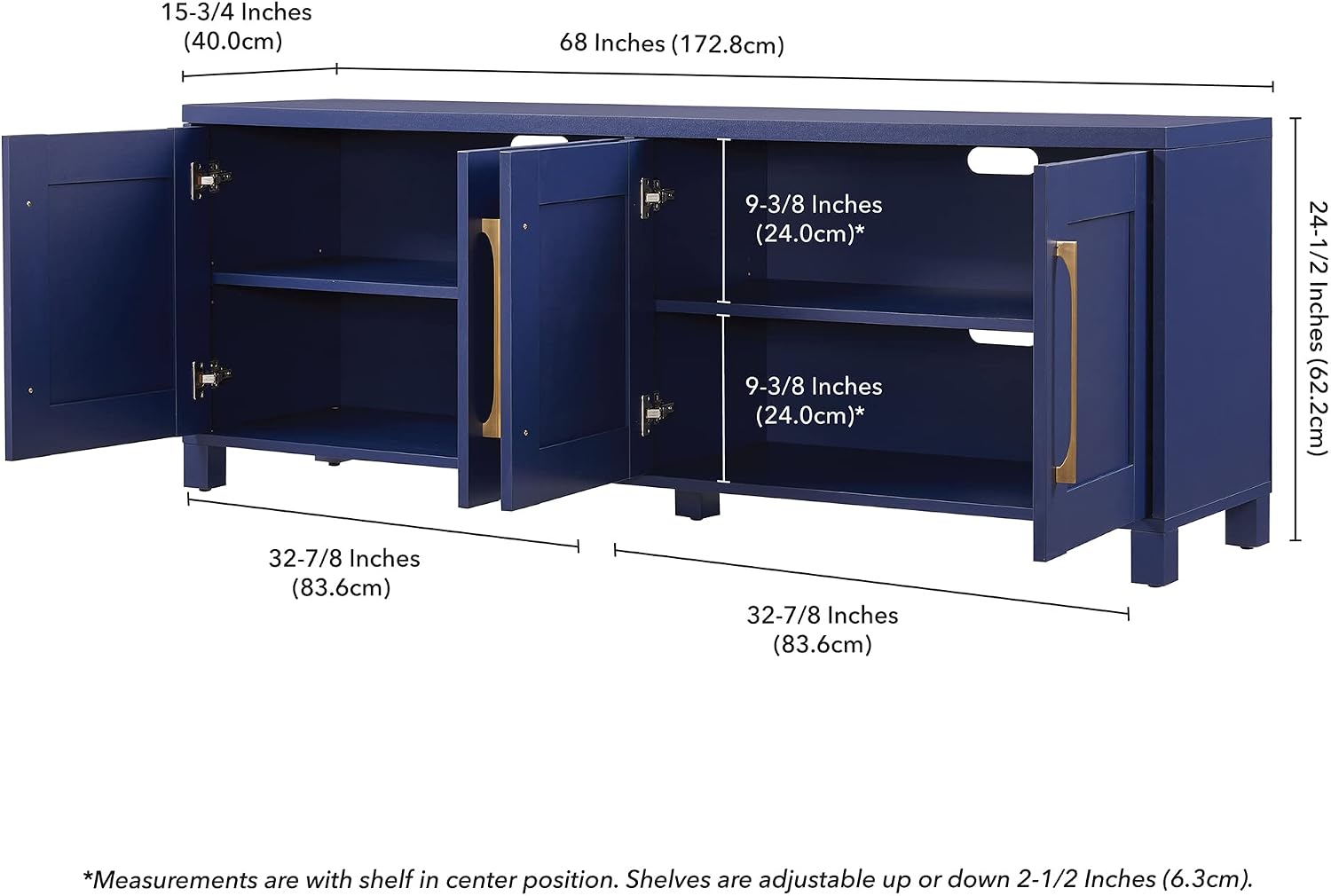Henn&Hart TV Stand for TVs up to 75' with 2 Concealed Storage Cabinets with an Adjustable Shelf for Living Room, Family Room, or Office, Navy