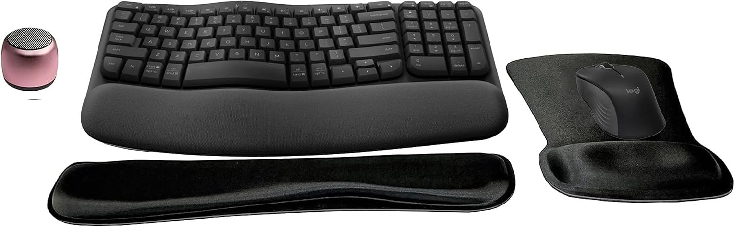 Logitech MK670 Comfort Wave Wireless Keyboard & Mouse Combo Home Office Active Lifestyle Modern Bundle with Micro Portable Wireless Bluetooth Speaker, Gel Wrist Pad & Gel Mouse Pad