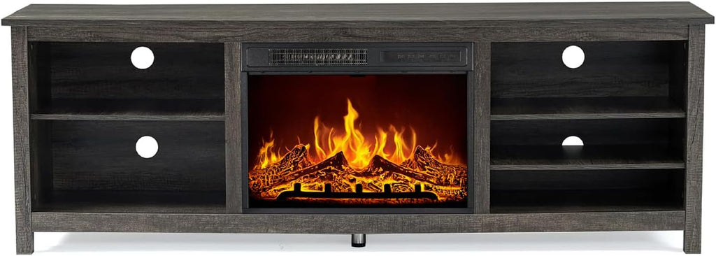 AMERLIFE Fireplace TV Stand, Wood Texture Entertainment Center with 23' Electric Fireplace, Farmhouse Entertainment Stand Media TV Console for TVs Up to 80', 70 inches, Rustic Grey