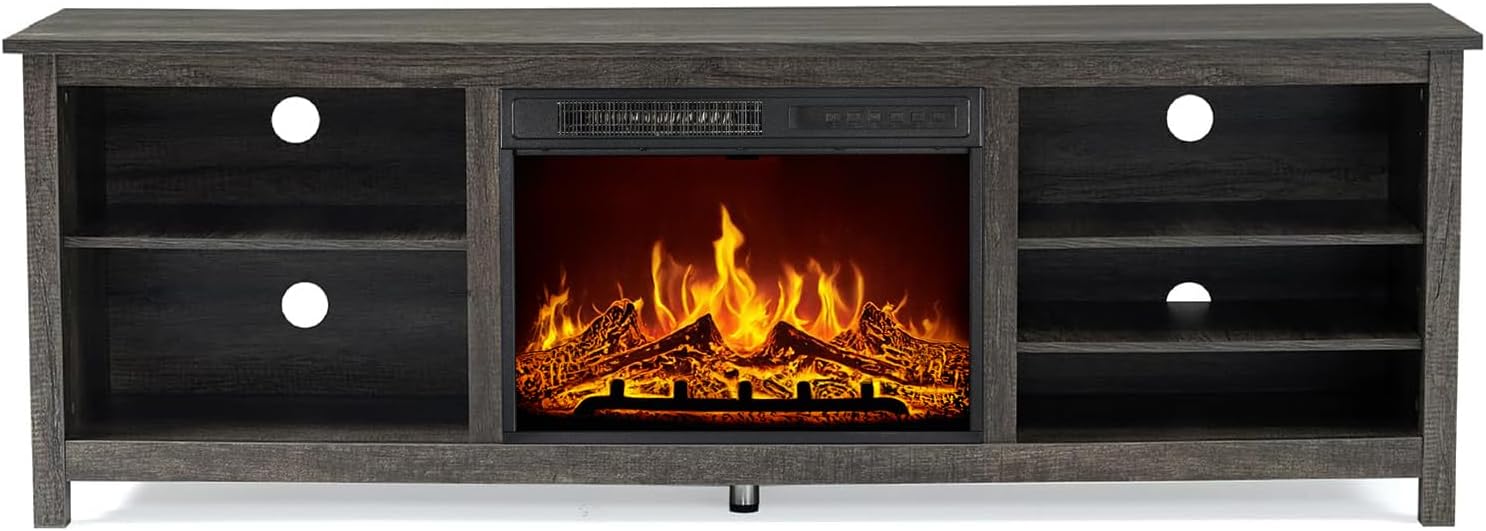 AMERLIFE Fireplace TV Stand, Wood Texture Entertainment Center with 23' Electric Fireplace, Farmhouse Entertainment Stand Media TV Console for TVs Up to 80', 70 inches, Rustic Grey