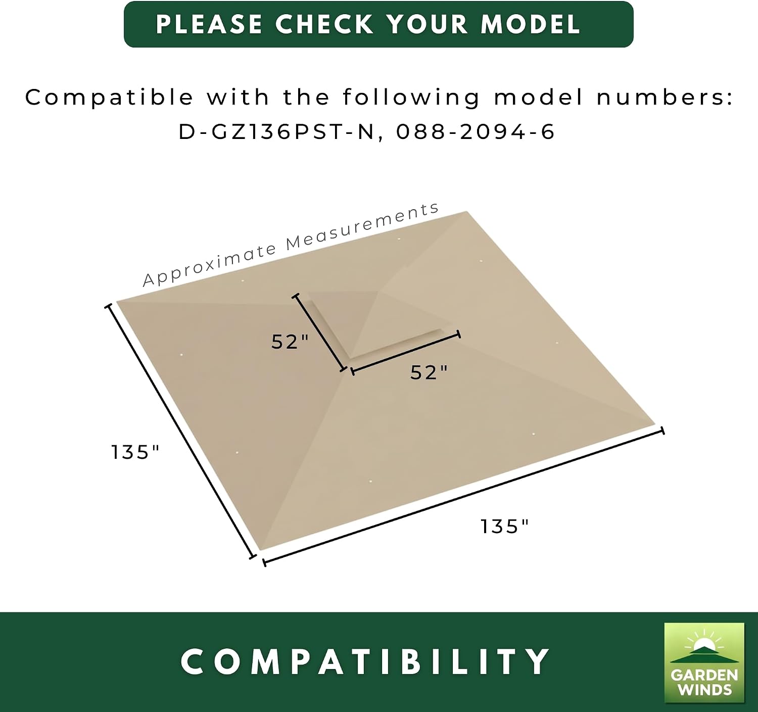 Garden Winds Durable Replacement Canopy Top Cover Compatible with The D-GZ136PST-N Summer Breeze 10' x 10' Gazebo - Classic Sand, 350