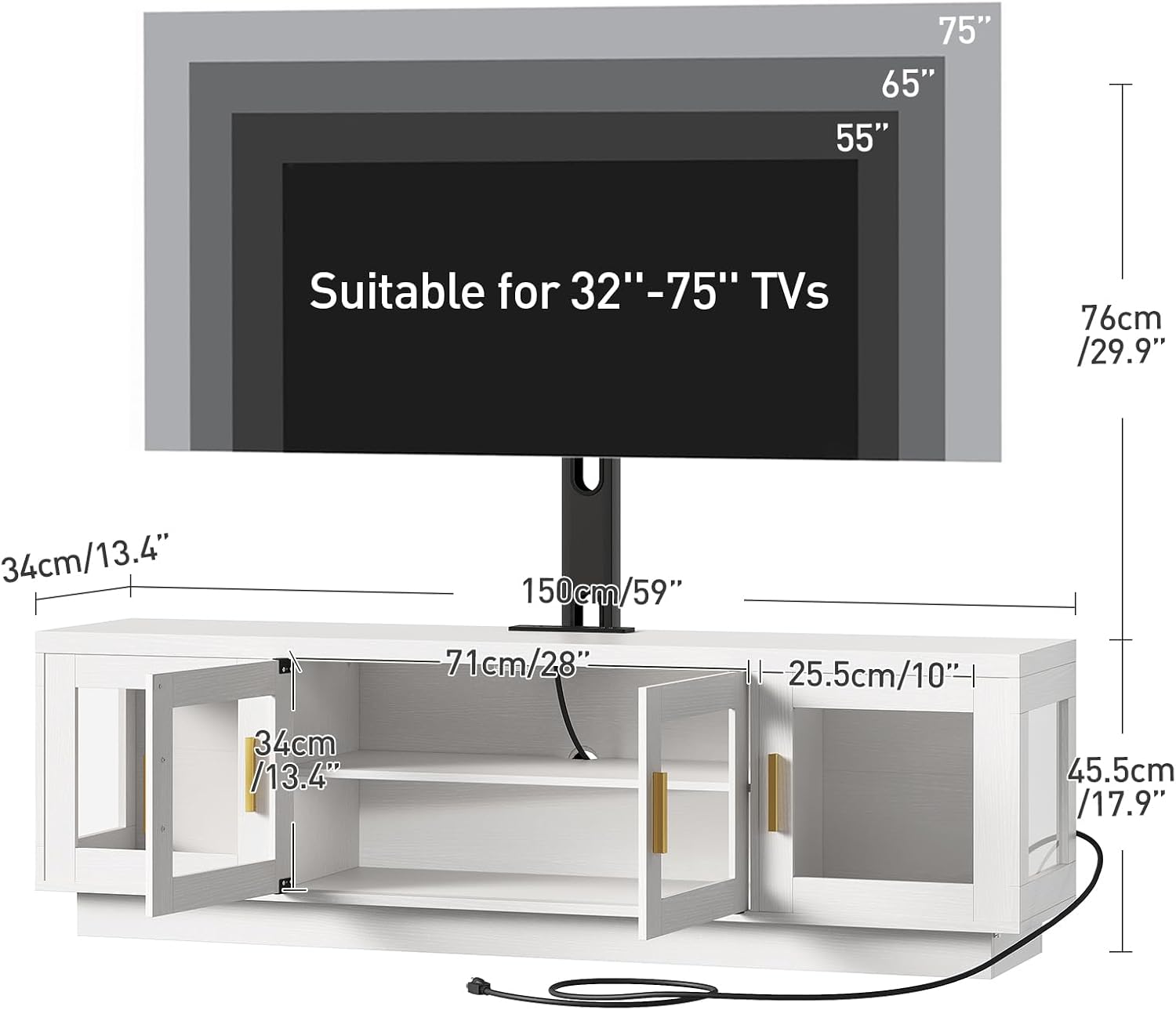 RALGEND TV Stand with Mount and Power Outlet, Swivel TV Stand Mount with LED Lights for 32/45/55/60/65/70/75 inch TVs, Entertainment Center Media Console with Height Adjustable Mount, White and Black