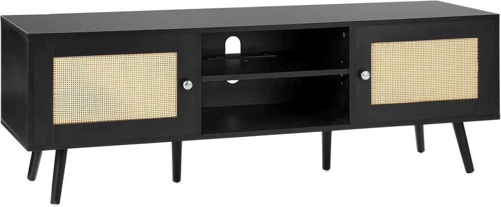 VEVOR Rattan TV Stand for 65 inch TV, Boho TV Stand with Rattan Door, Entertainment Center with Build-in Socket and USB Ports, Modern TV Console for Living Room, Media Room, Black