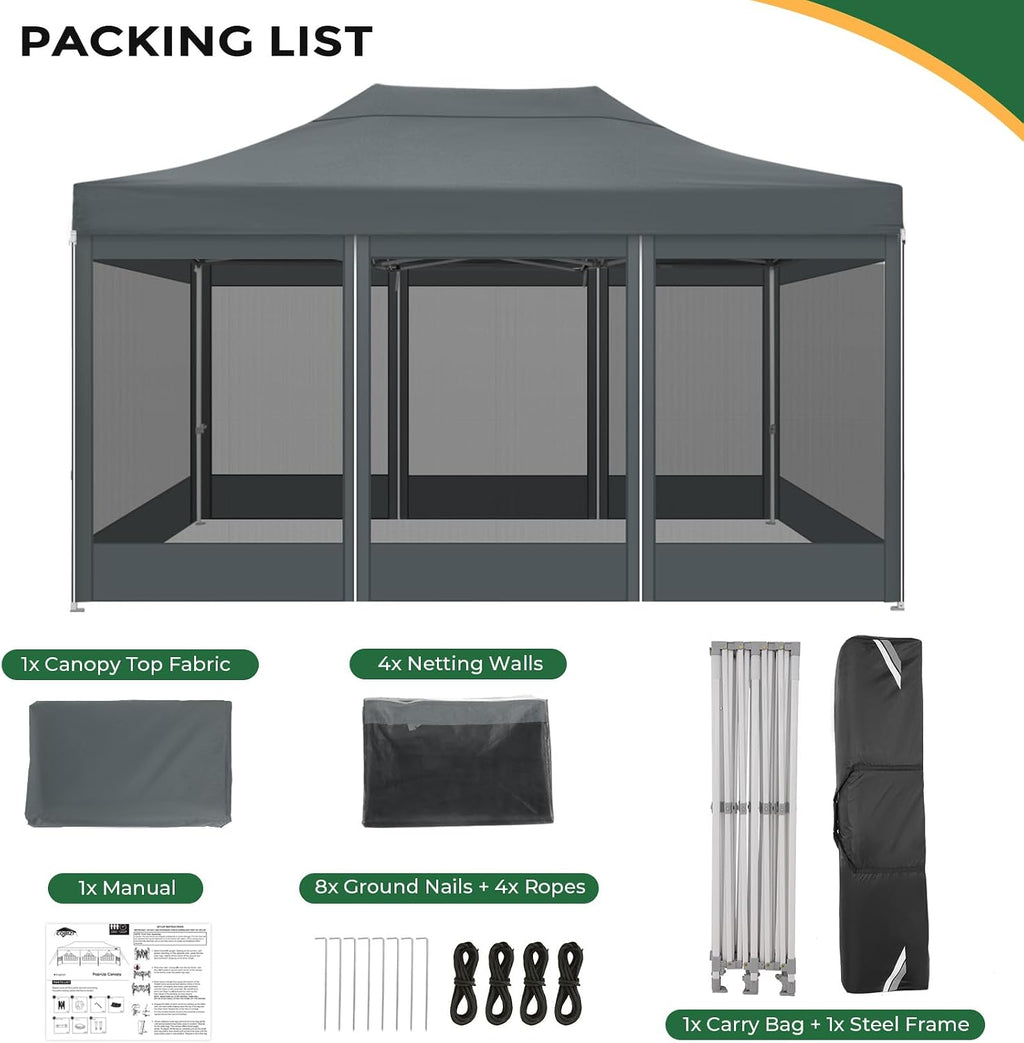 COBIZI 10x15 Heavy Duty Pop Up Canopy with 4 Sidewalls, Commercial Gazebo Party Tent with Mosquito Netting Wall Easy Set Up Outdoor Instant Screen Tent for Backyard, Patio, Garden, Gray