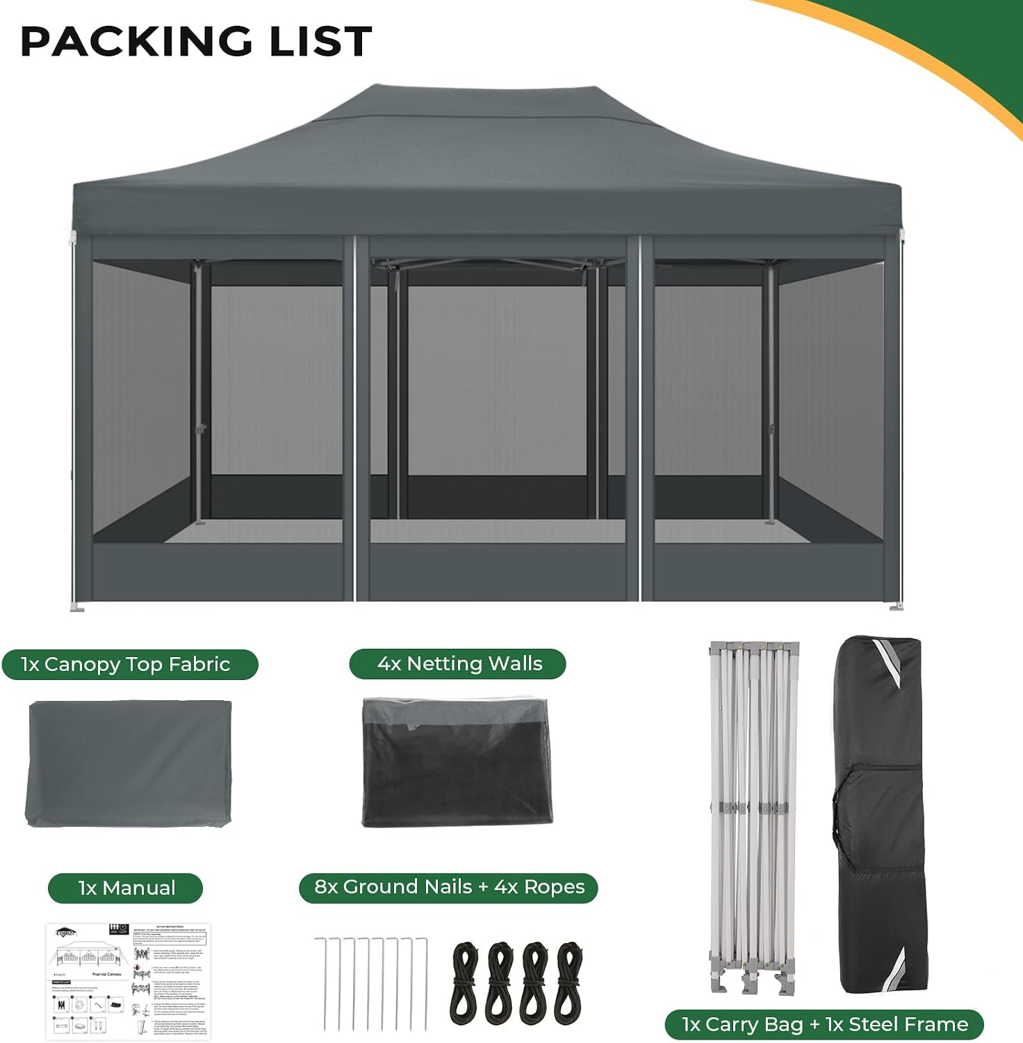 COBIZI 10x15 Heavy Duty Pop Up Canopy with 4 Sidewalls, Commercial Gazebo Party Tent with Mosquito Netting Wall Easy Set Up Outdoor Instant Screen Tent for Backyard, Patio, Garden, Gray