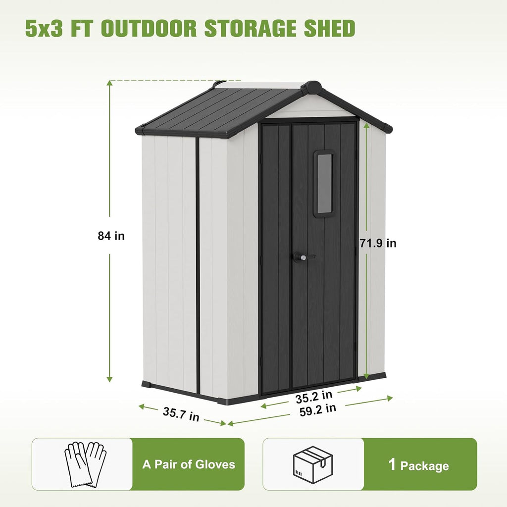 COOS BAY 5x3 Outdoor Storage Shed with Floor, Lockable Doors, All-Weather Resin Garden Tool Shed, White/Gray