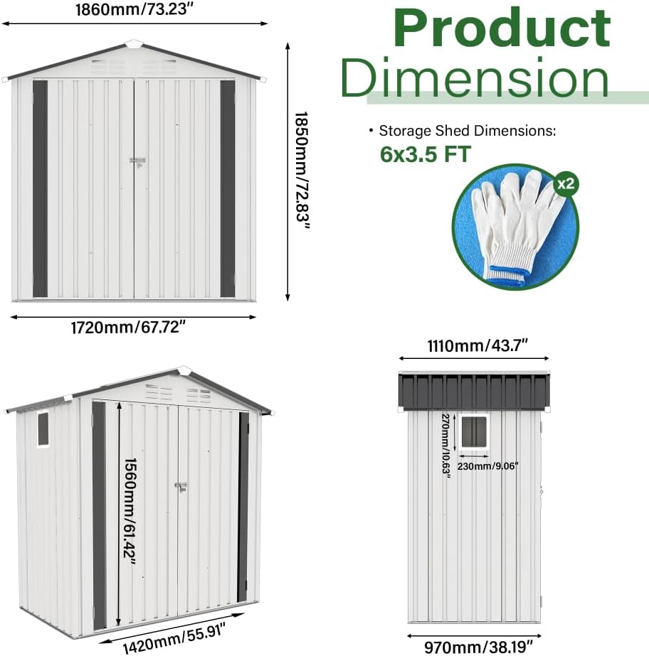 6X3.5 FT Metal Storage Shed Outdoor Tool Shed with Window, Lockable Door & Vents, Waterproof Backyard Garden Storage for Tools, Bikes, Sundries, Patio (White+Gray)