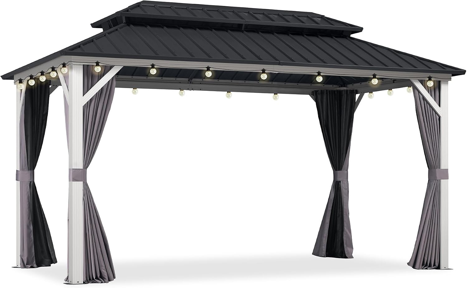 PURPLE LEAF 8' X 14' Outdoor Gazebo Galvanized Steel Double Roof White Aluminum Frame Hardtop Heavy Duty Gazebo with Curtain and Netting for Patio Garden and Backyard, Grey