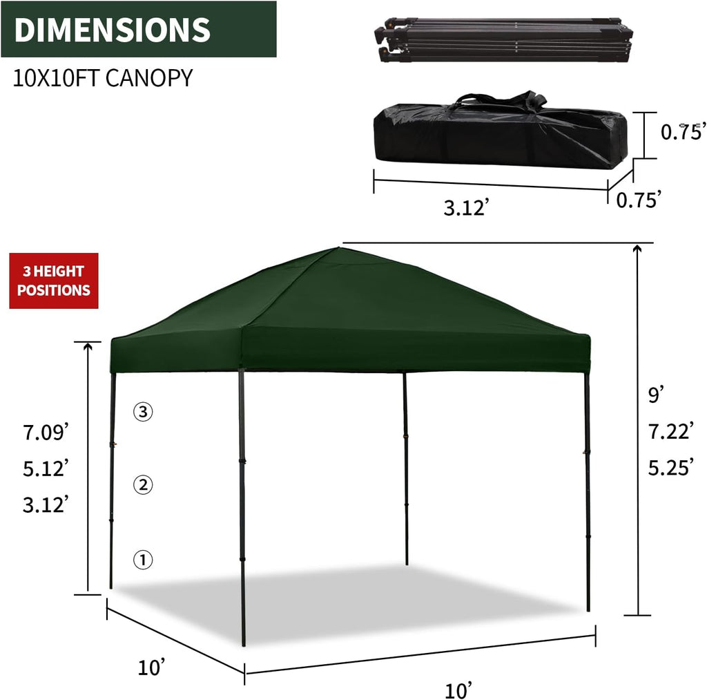 10x10 Pop Up Canopy Tent with 2 Sidewalls, Easy Up Canopy Outdoor Party Sun Shade Tent Portable Gazebo for Beach Camping Events with Carry Bag and 4 Sand Bags(Dark Green)