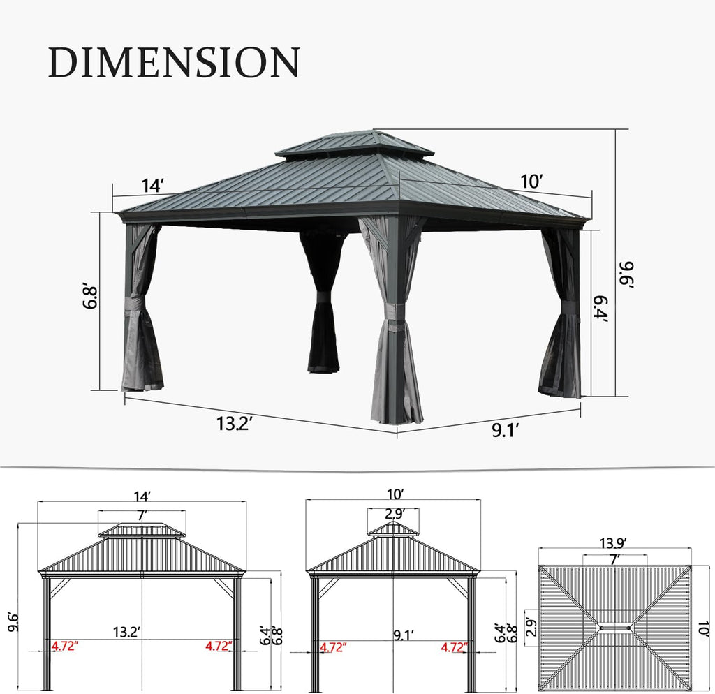 Domi 10x14 Outdoor Gazebo, Hardtop Gazebo with Aluminum Frame, Heavy Duty Pavilion Gazebo for Patio Deck Backyard, Curtain and Netting Included, Grey