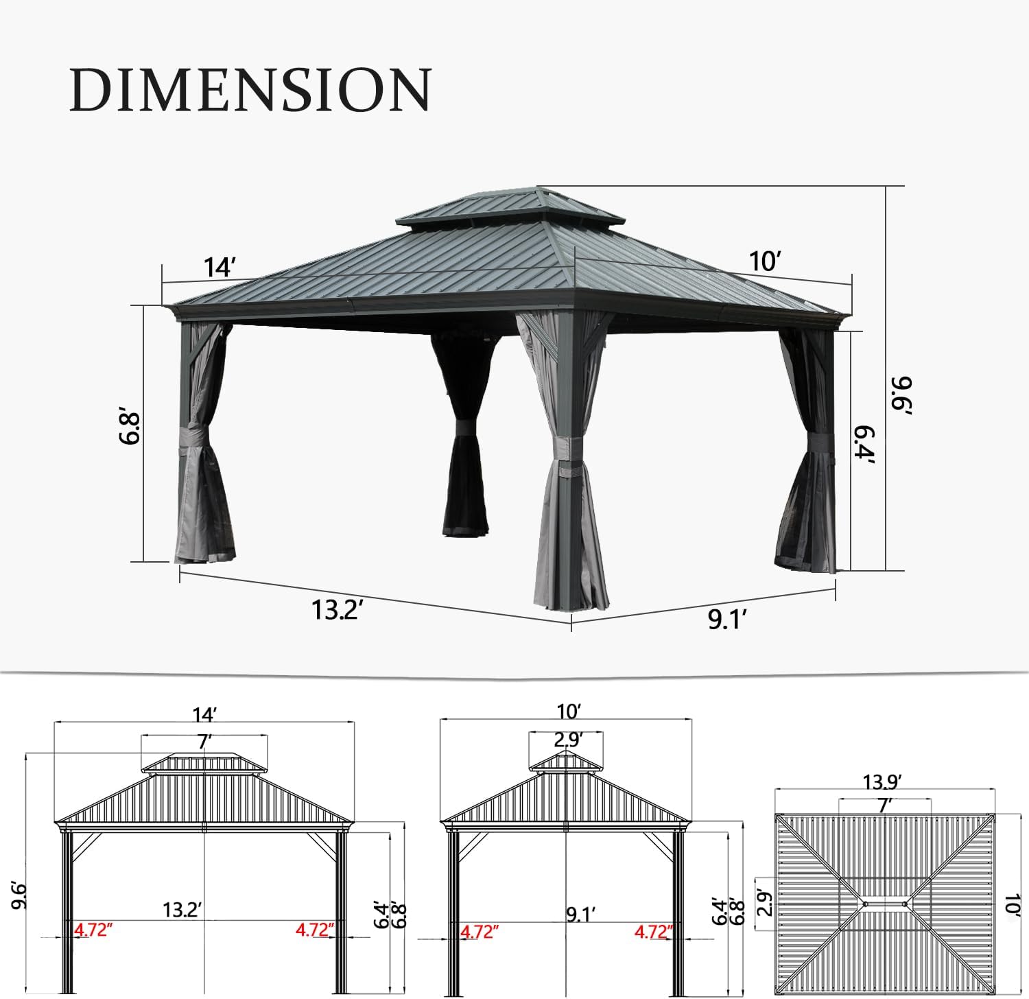 Domi 10x14 Outdoor Gazebo, Hardtop Gazebo with Aluminum Frame, Heavy Duty Pavilion Gazebo for Patio Deck Backyard, Curtain and Netting Included, Grey
