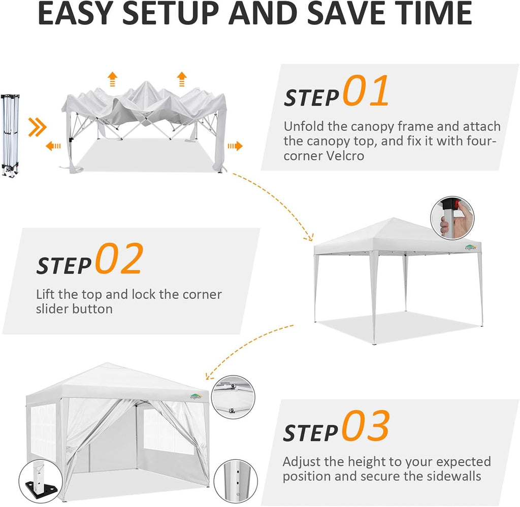 COBIZI 10x10 Pop Up Canopy Tent with 4 Sidewalls Party Tents for Parties Weddings Backyard Waterproof Commercial Instant Outdoor Events Tent with Stakes, Ropes（10 x 10 ft White