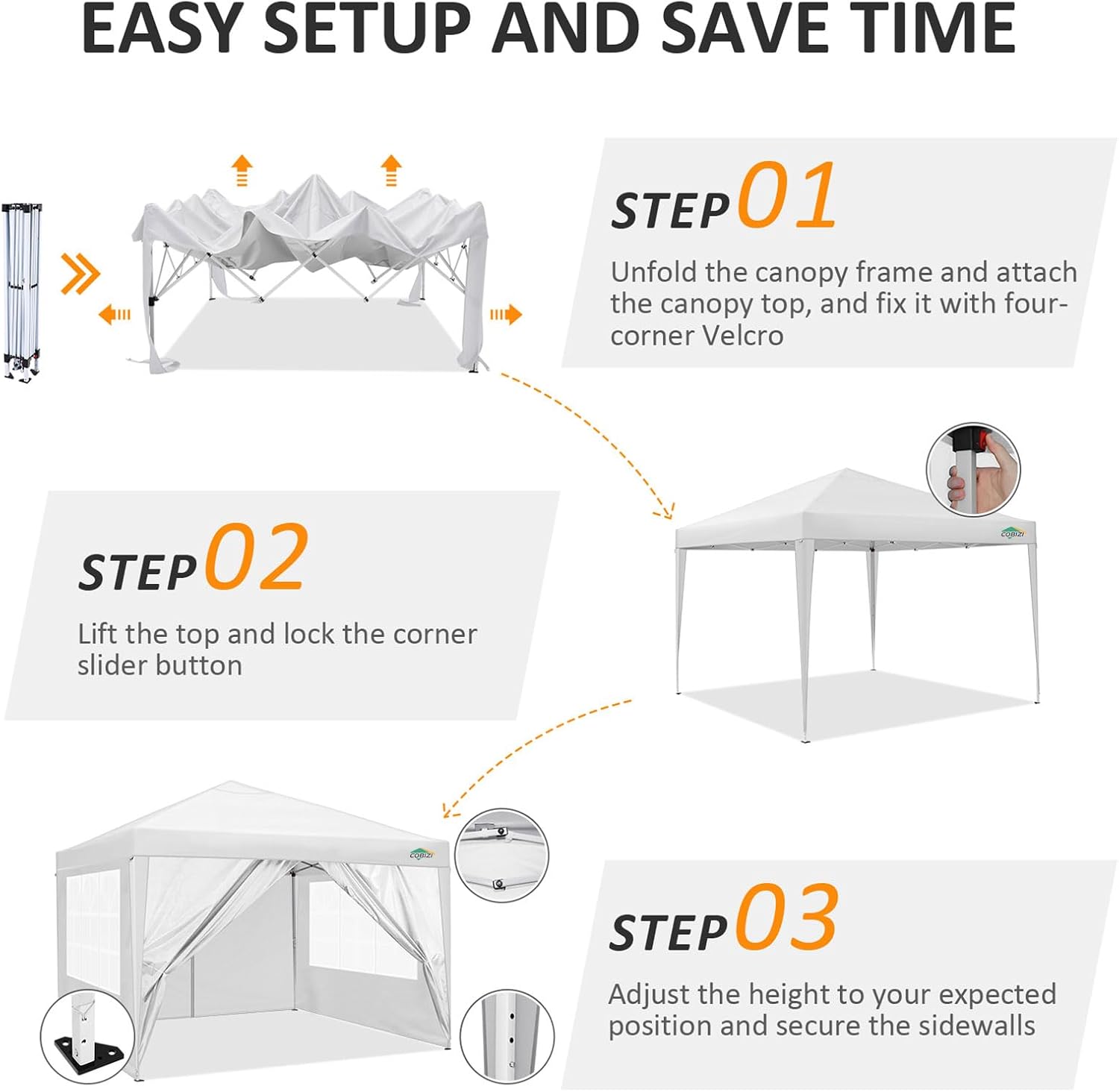 COBIZI 10x10 Pop Up Canopy Tent with 4 Sidewalls Party Tents for Parties Weddings Backyard Waterproof Commercial Instant Outdoor Events Tent with Stakes, Ropes（10 x 10 ft White