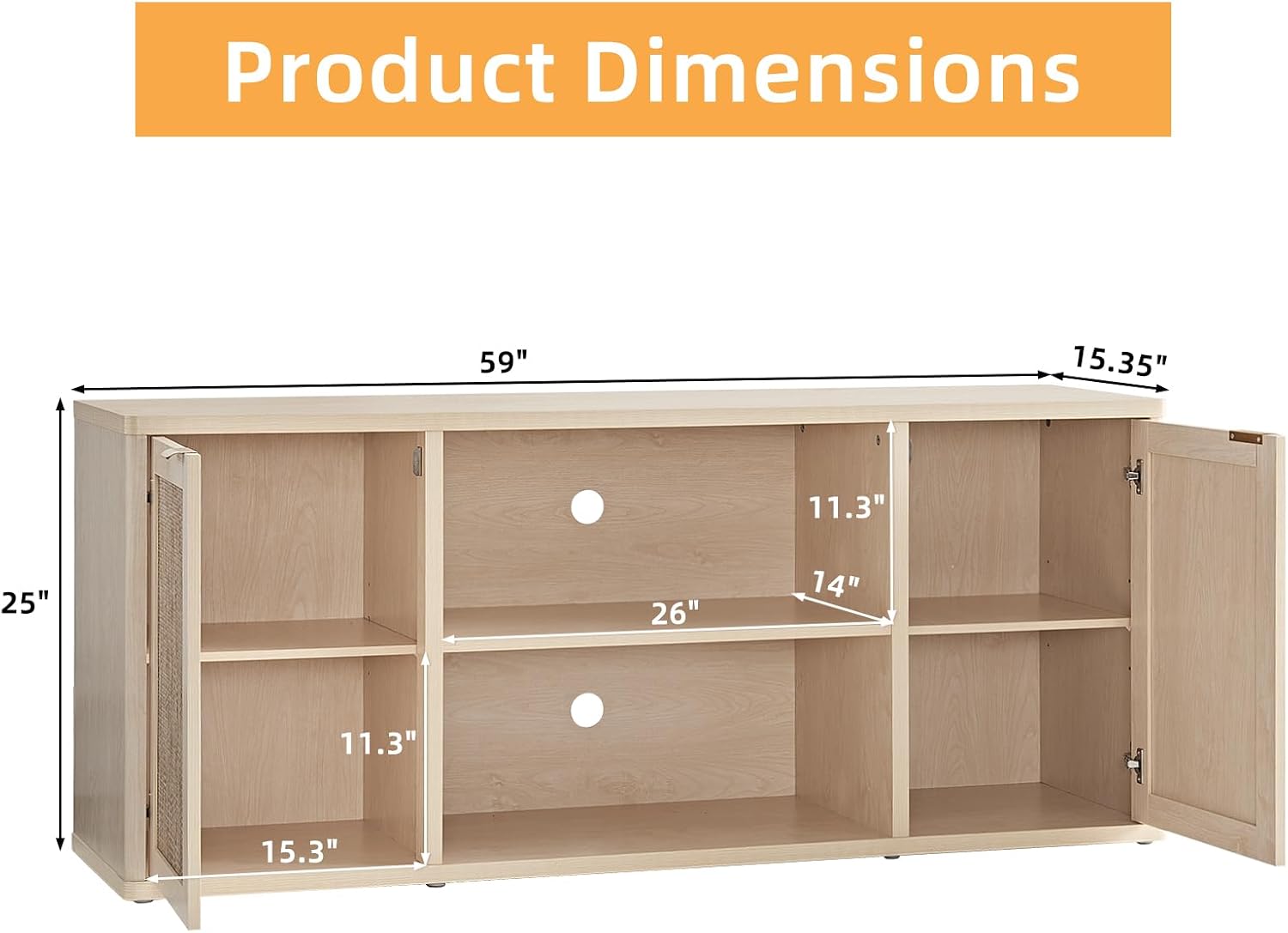 LEYAOYAO Rattan TV Stands for Living Room, Boho TV Cabinet with Storage and Open Shelf, Rustic Wood Entertainment Center, Media Console for 50-65 Inch TV, Light Wood