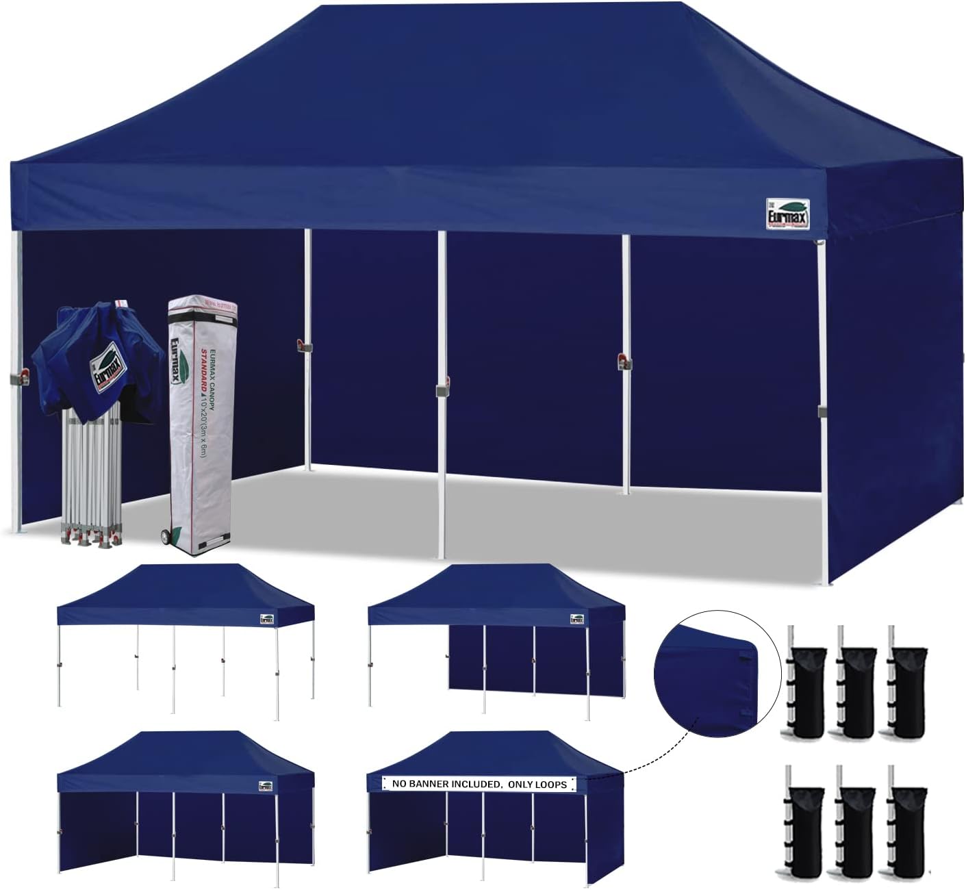 Eurmax USA 10x20 Pop Up Canopy Tent,Commercial Tent with Patented No-Tip Rolling Bag,4 Zippered Removable Walls,UV & Water Resistant Canopy Top,Heavy Duty Outdoor Gazebo,Instant Shelter(Navy Blue)