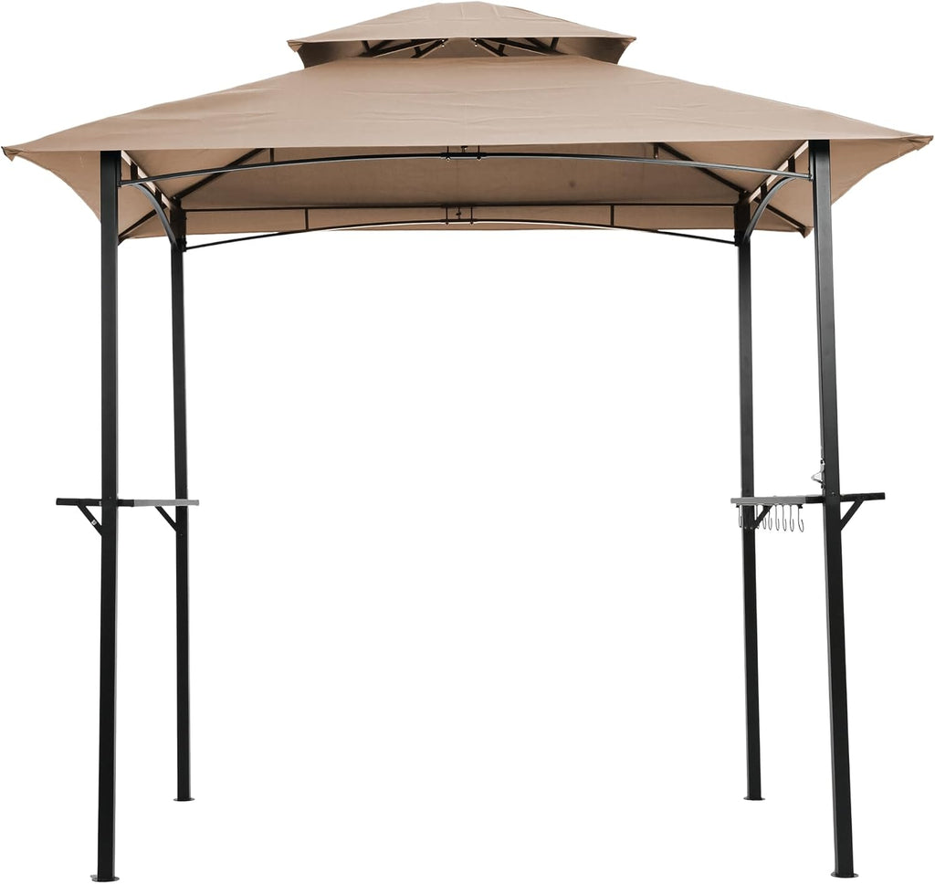 Outdoor Grill Gazebo 8x5 FT with Double Tier Canopy Steel Frame BBQ Shelter Tent for Patio Backyard Camping Includes Hooks Bar Counters & Windproof Design (Khaki)