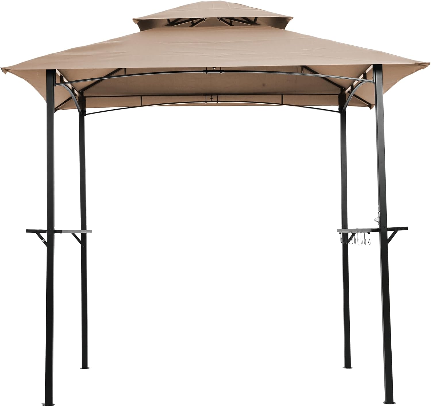 Outdoor Grill Gazebo 8x5 FT with Double Tier Canopy Steel Frame BBQ Shelter Tent for Patio Backyard Camping Includes Hooks Bar Counters & Windproof Design (Khaki)