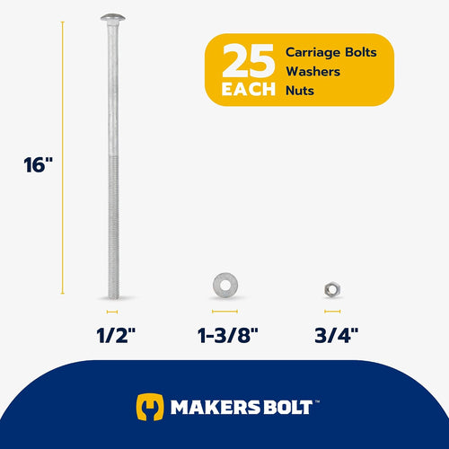 1/2' x 16' (25 Pack) Galvanized Carriage Bolt Kit Grade 307A Includes 1/2' USS Flat Washers (25 pcs) and 1/2'-13 Hex Nuts (25 pcs), Hot Dip Galvanized for Exterior Use by Makers Bolt