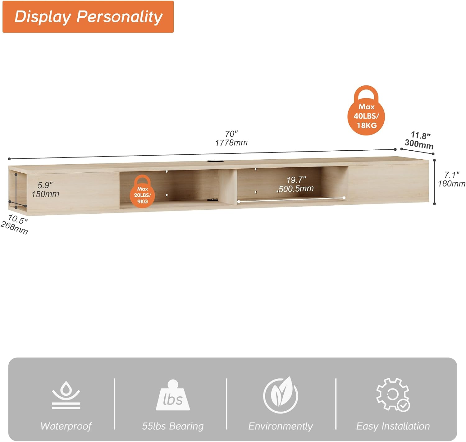 WAMPAT 70 inch Floating Entertainment Center for Storage, TV Shelf for Wall, Media Console for Living Room, Oak