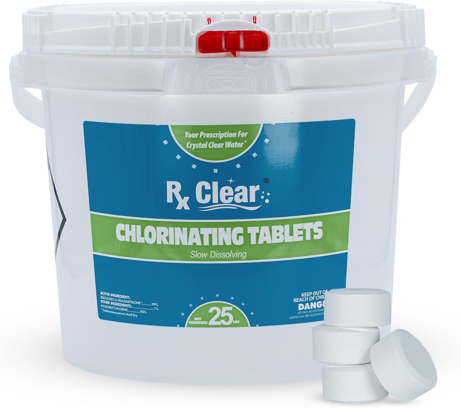 Rx Clear 1' Inch Chlorine Tabs | 25 Pounds | Use Tablets as Bactericide, Algaecide, & Disinfectant in Swimming Pools | Stabilized, Long Lasting, Slow Dissolving, & UV Protected