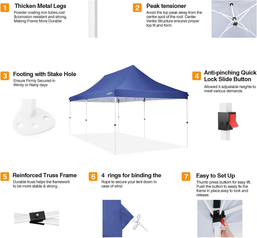 COBIZI Canopy 10x20 Pop Up Canopy Tent with 6 Sidewalls, Waterproof Commercial Canopy Ez Outdoor Instant Gazebo Easy to Set up Event Shelter, Garden Tents for Parties with Sandbags, Dark Blue