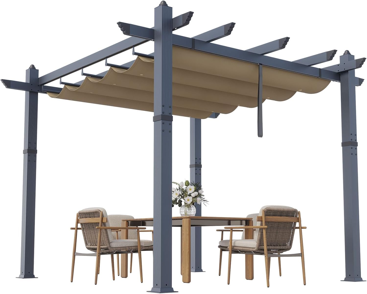 Garvee 10x10 ft Outdoor Pergola Metal Gazebo with Retractable Canopy for Patio Backyard Deck Porch Grape Trellis(Khaki)