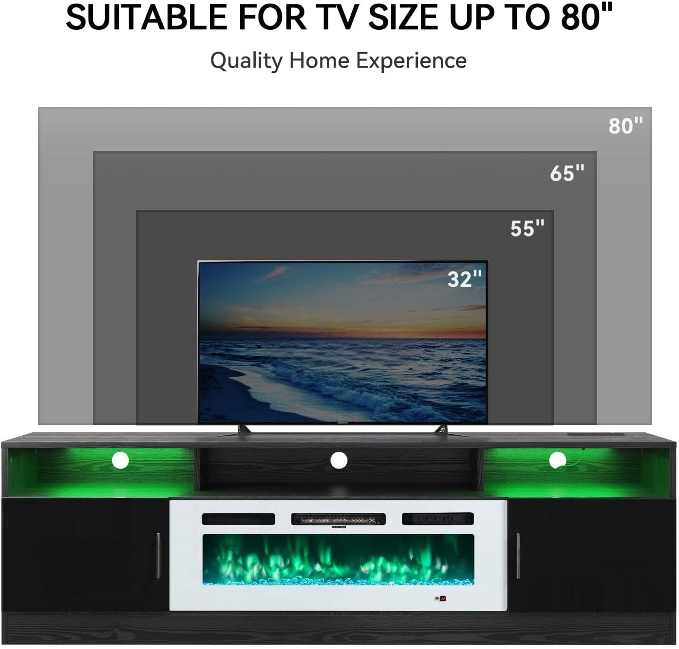 MXV 70' Fireplace TV Stand with Power Outlet for TVs UP to 80', Electric Fireplace Entertainment Center with LED Lights & Storage Cabinets, TV Console for Living Room, Office, Black-White