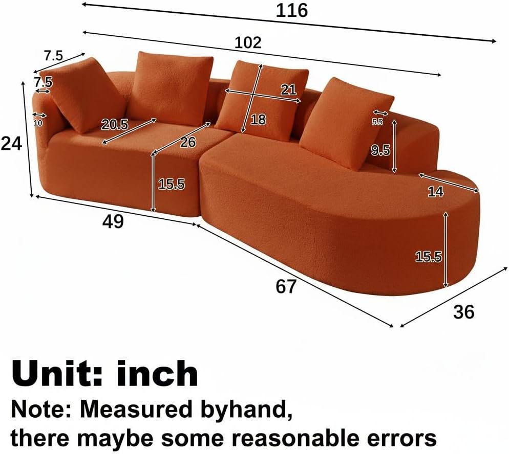 Merax 2-Piece 116' L-Shaped Modular Sectional Sofa Set, 4 Seat Fully Assembled Curved Upholstery Couch with High-Density Compressed Sponge, Chaise Lounge & 4 Pillows for Living Room, Orange