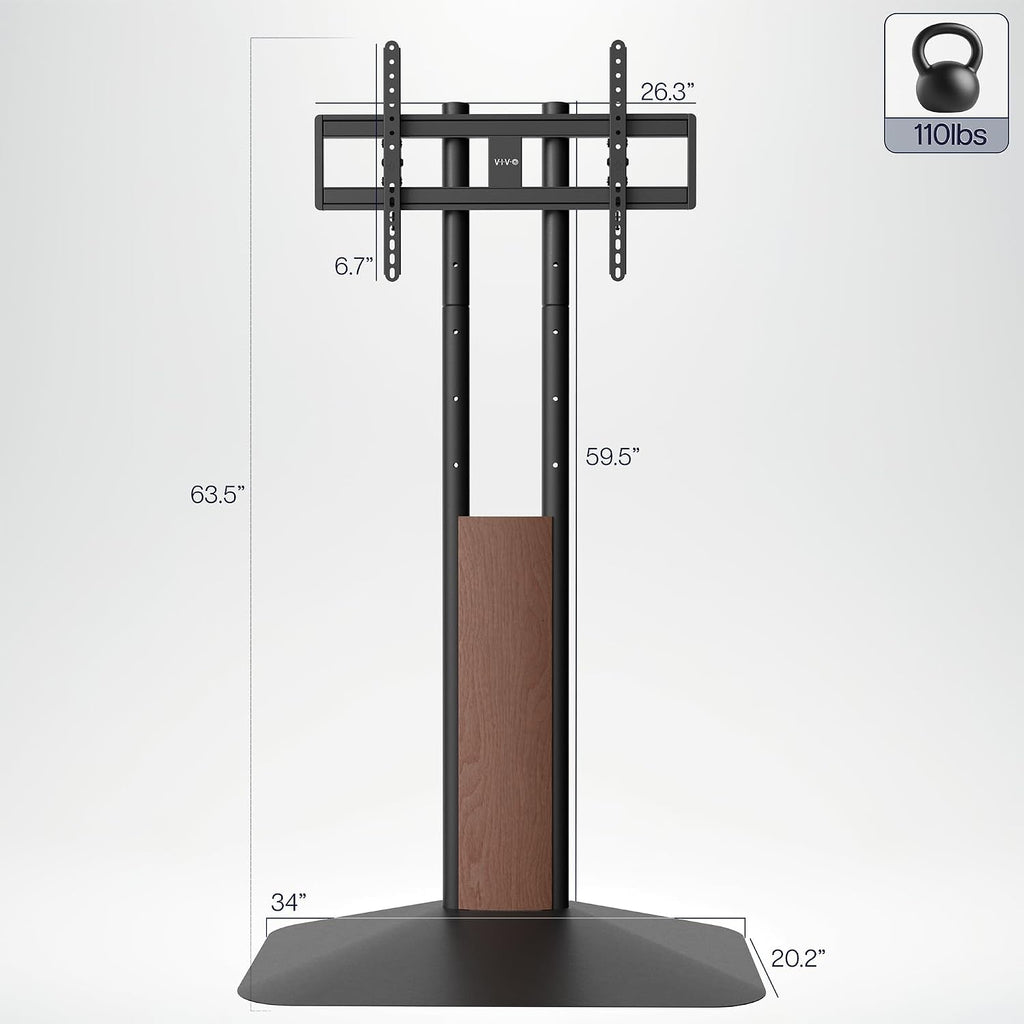 VIVO Dual-Column TV Floor Stand for 32' to 85' Screens with Heavy Duty Base, Tilting Mount with 5 Set Height Adjustments, Black and Dark Walnut, STAND-TV85JS
