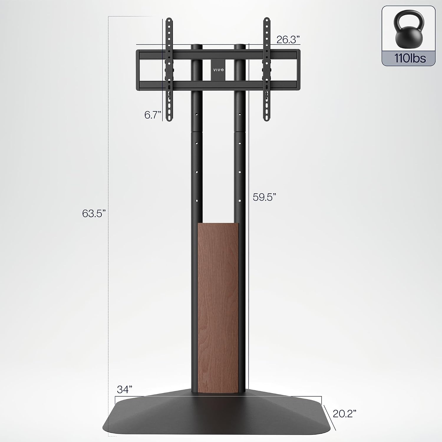 VIVO Dual-Column TV Floor Stand for 32' to 85' Screens with Heavy Duty Base, Tilting Mount with 5 Set Height Adjustments, Black and Dark Walnut, STAND-TV85JS
